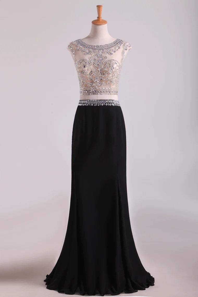 Two-Piece Scoop Column Party Dresses Beaded Bodice Chiffon