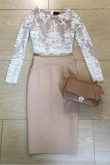 Two Pieces Long Sleeve Lace Knee Length Homecoming Dresses Sheath Short Cocktail Dress