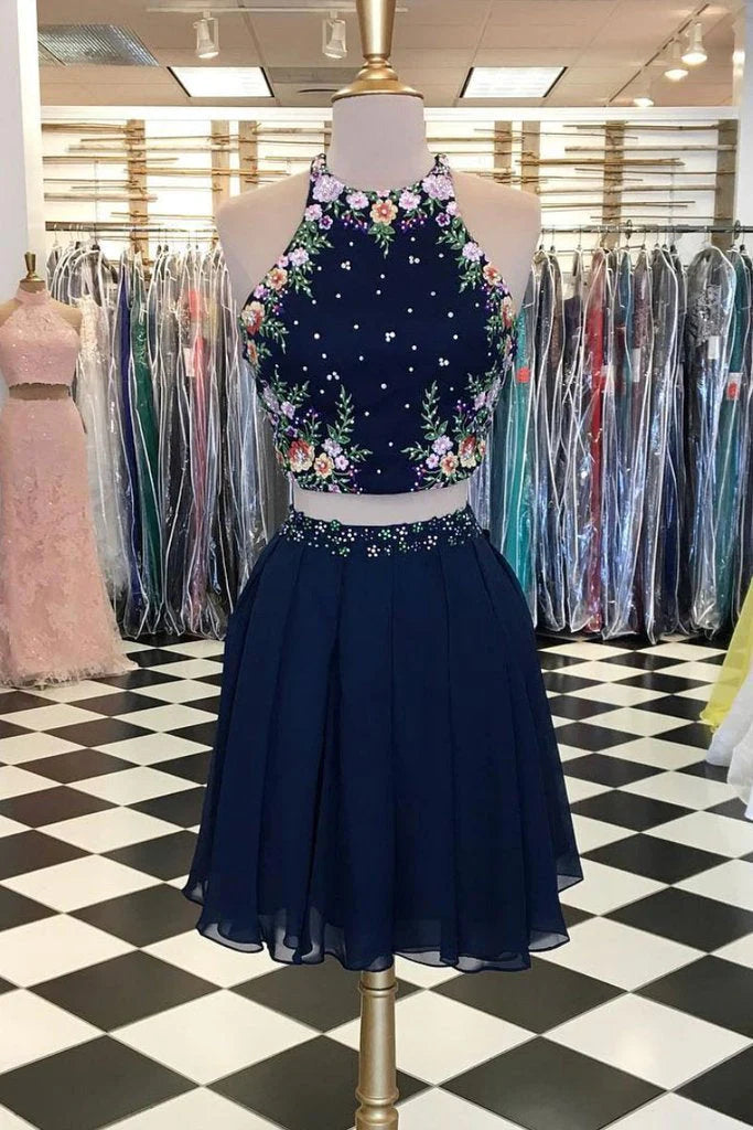 Unique Dark Blue Two Piece Short Cocktail Dress Halter Flowers Chiffon Homecoming Dresses