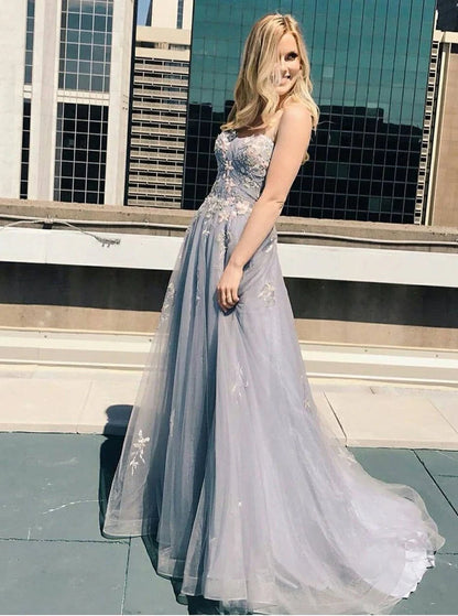 Unique Grey Backless Spaghetti Straps Prom Dresses with Appliques