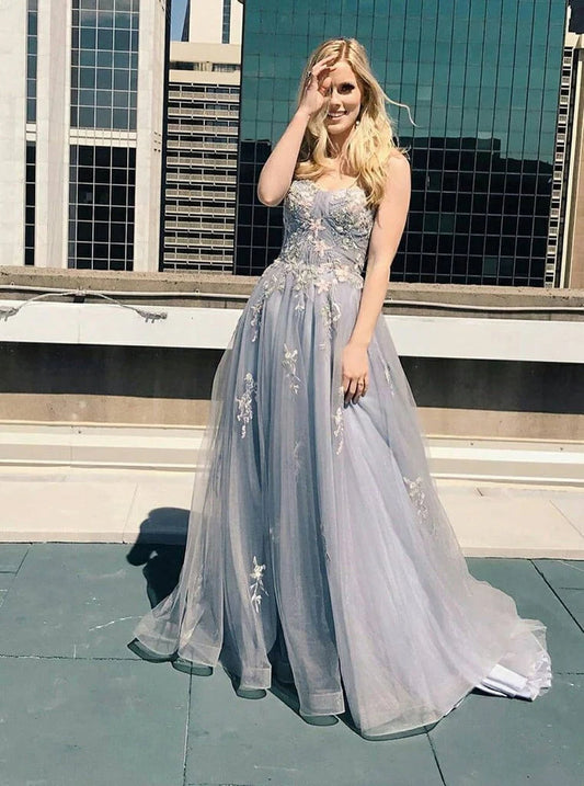 Unique Grey Backless Spaghetti Straps Prom Dresses with Appliques