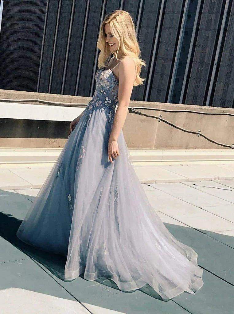 Unique Grey Backless Spaghetti Straps Prom Dresses with Appliques