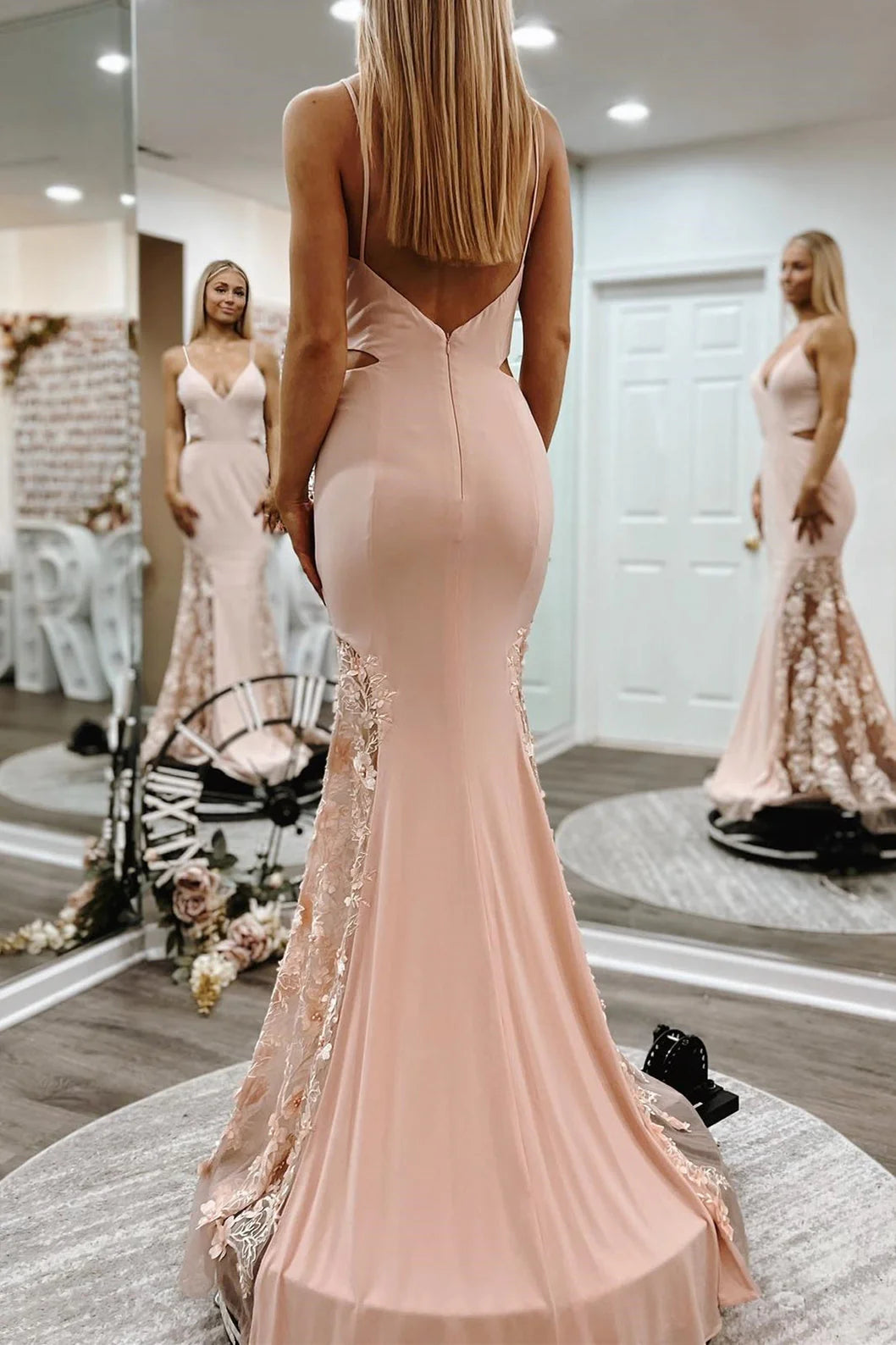 Unique Pink Lace Satin Mermaid Long Prom Dresses