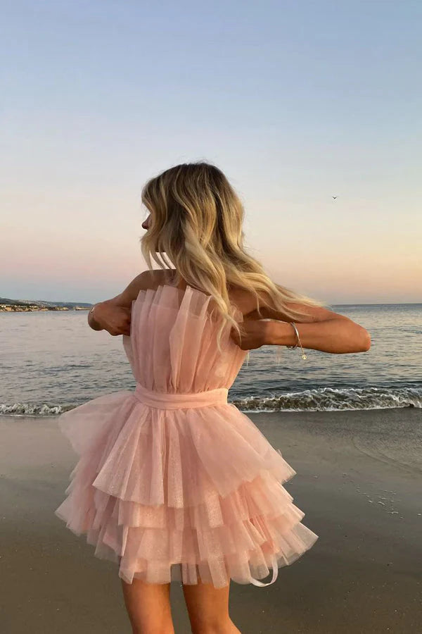 Unique Pink Strapless Tiered Cake Homecoming Dress With Layers, Short Prom Dresses