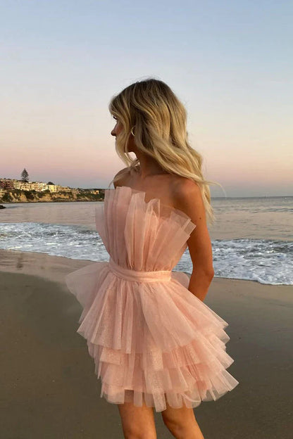 Unique Pink Strapless Tiered Cake Homecoming Dress With Layers, Short Prom Dresses