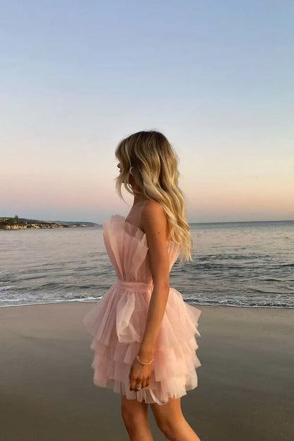 Unique Pink Strapless Tiered Cake Homecoming Dress With Layers, Short Prom Dresses