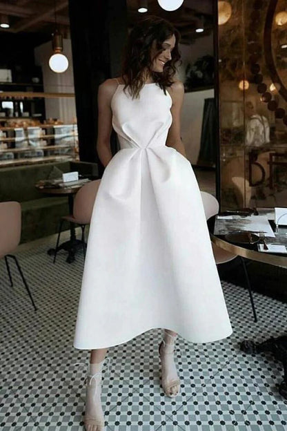 Unique Tea Length Satin Cocktail Dress Spaghetti Straps Backless Cocktail Dress