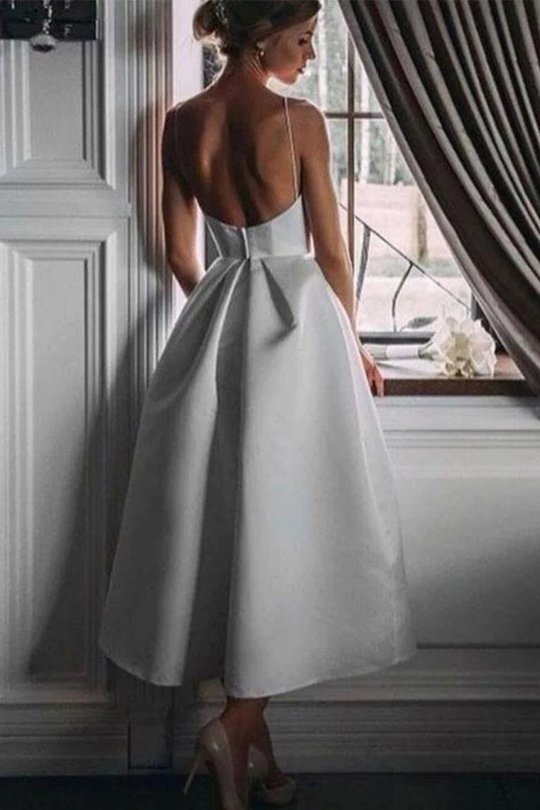 Unique Tea Length Satin Cocktail Dress Spaghetti Straps Backless Cocktail Dress