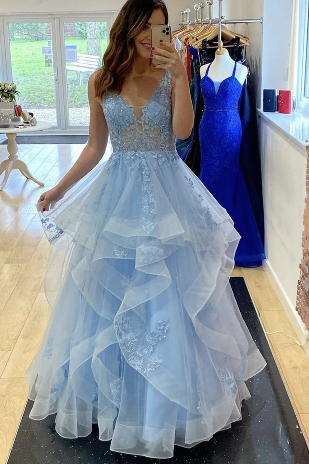 V Neck Fluffy Blue Lace Long Prom Dress