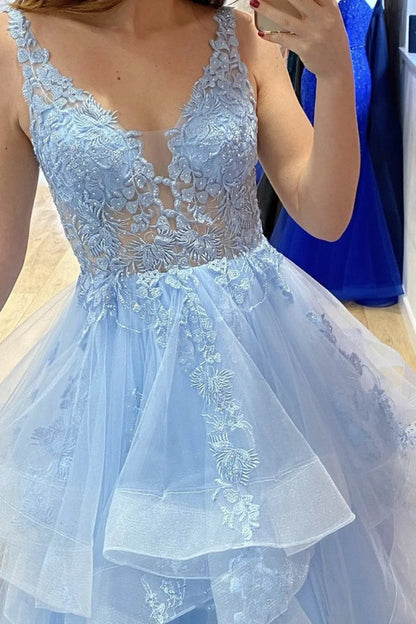 V Neck Fluffy Blue Lace Long Prom Dress