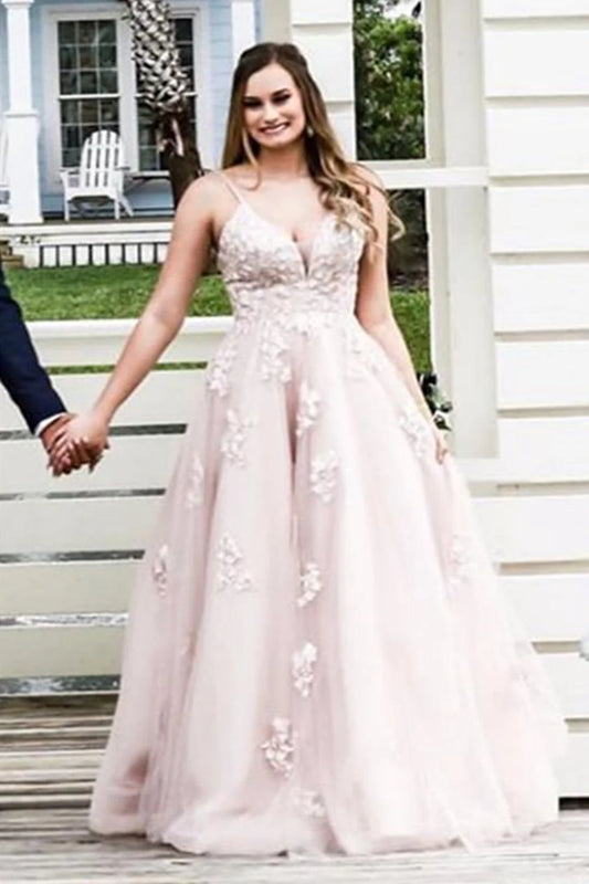 V Neck Open Back Dusty Pink Lace Long Prom Dress