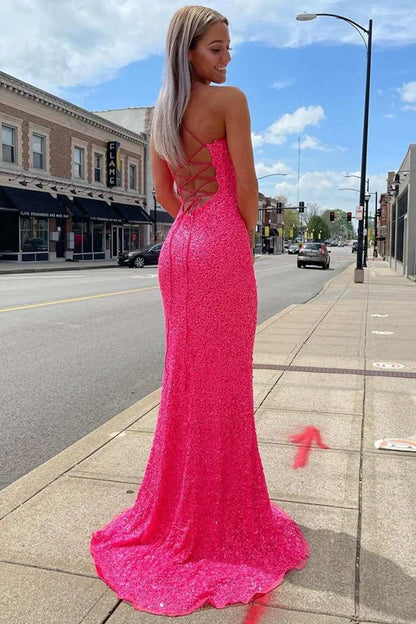 V-Neck Pink Mermaid Sparkly Long Prom Dresses Women Dresses