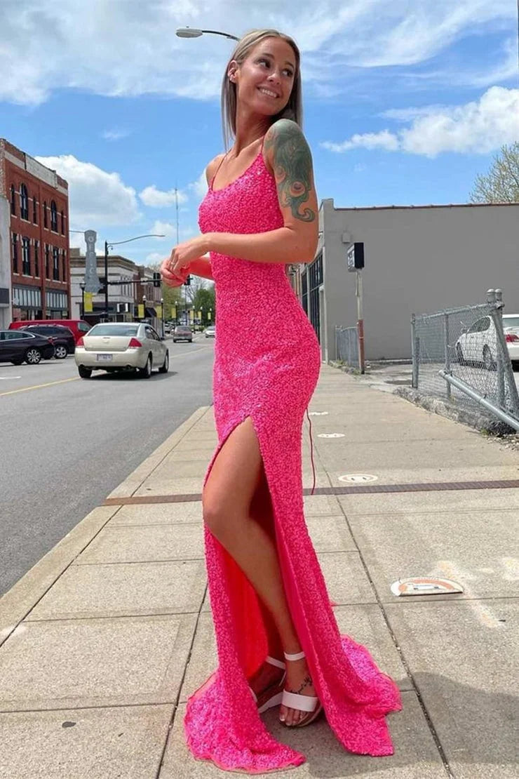 V-Neck Pink Mermaid Sparkly Long Prom Dresses Women Dresses