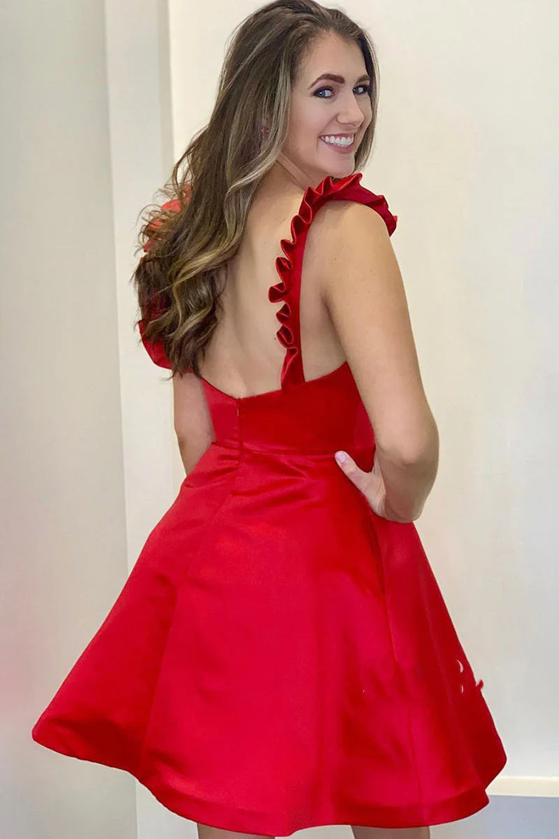 V Neck Satin With Ruffles A Line Homecoming Dresses