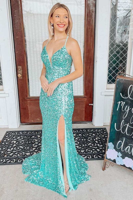 V Neck Sequin Mermaid Prom Dresses With Slit Sweep Train