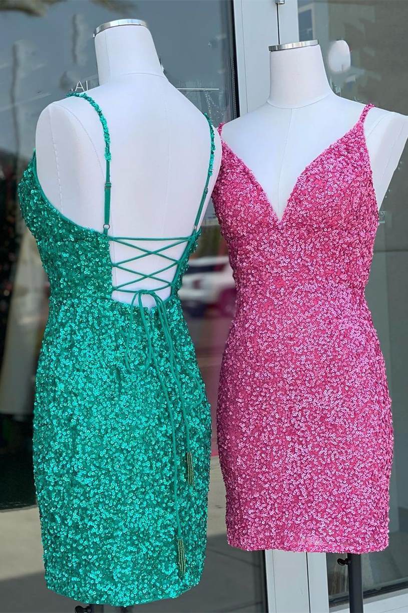 V Neck Sheath/Column Homecoming Dresses Sequin With Spaghetti Straps