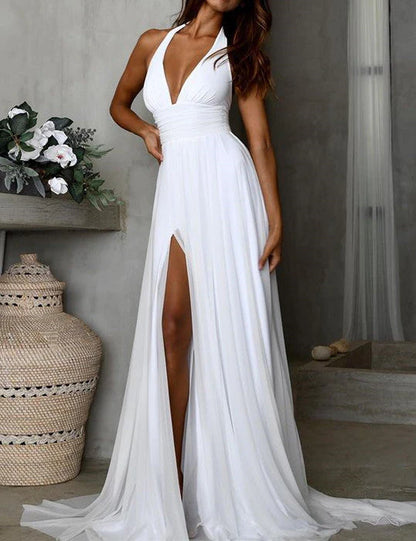 V-neck White Long Chiffon Backless Prom Dresses Slit Evening Dresses