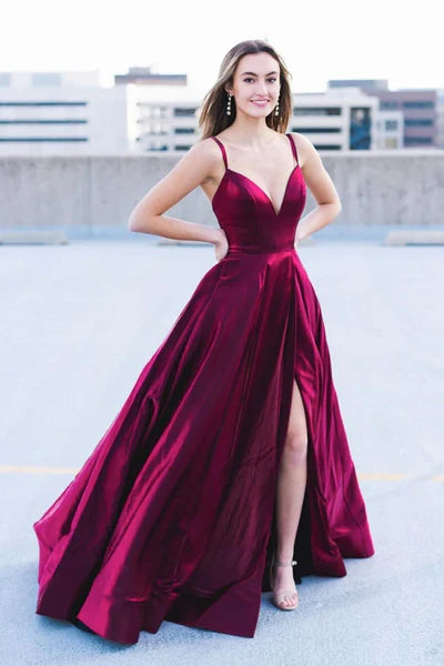 Velvet Spaghetti Strap Floor Length Prom Dresses With Slit