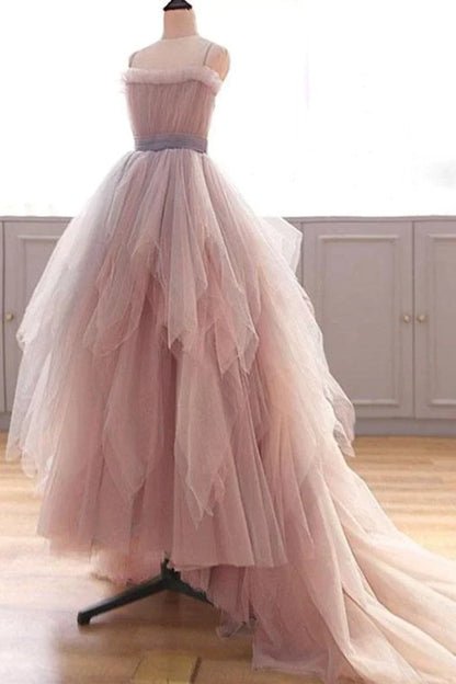 Vintage A Line Spaghetti Straps Blush Prom Dresses Puffy Ruffles Party Dresses