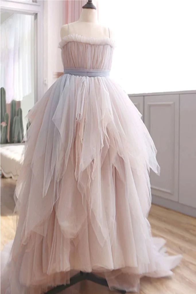 Vintage A Line Spaghetti Straps Blush Prom Dresses Puffy Ruffles Party Dresses