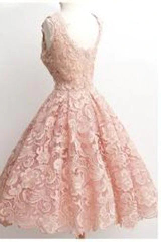 Vintage A-line Scalloped-Edge Knee-Length Lace Light Pink Prom Homecoming Dress