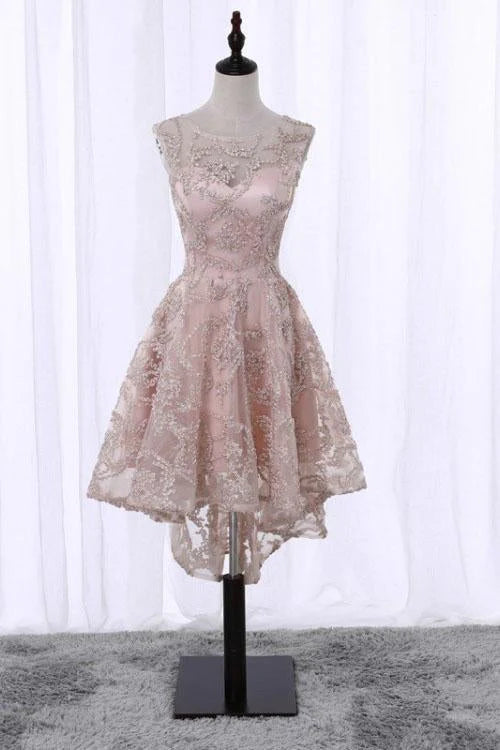 Vintage High Low Round Neck Lace Appliques Pink Homecoming Dresses with Straps