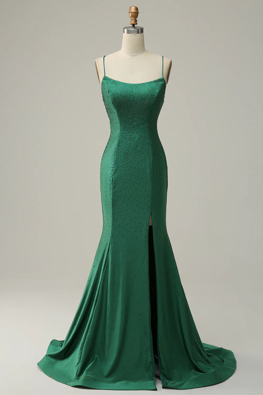 Mermaid Spaghetti Straps Dark Green Long Prom Dress with Beading