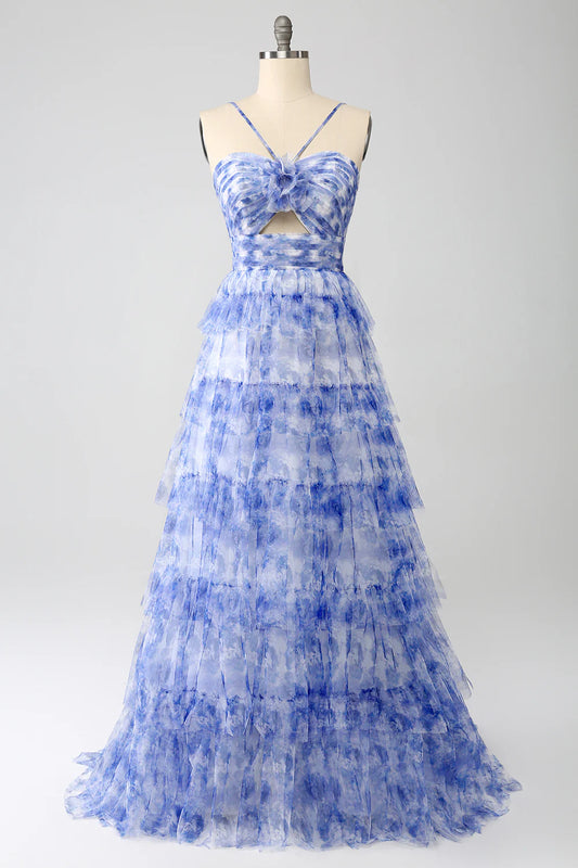 Blue Printed A Line Tiered Hollow-out Long Prom Dress