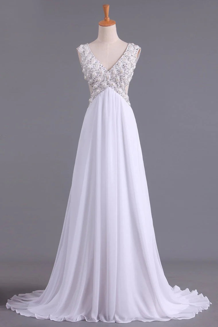 White V-Neck Party Dresses A Line Chiffon With Beading