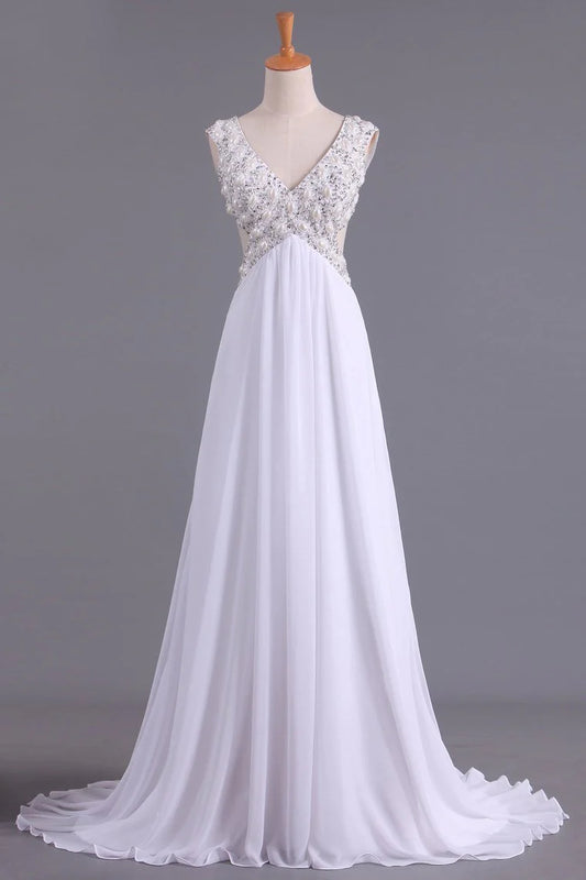 White V-Neck Party Dresses A Line Chiffon With Beading