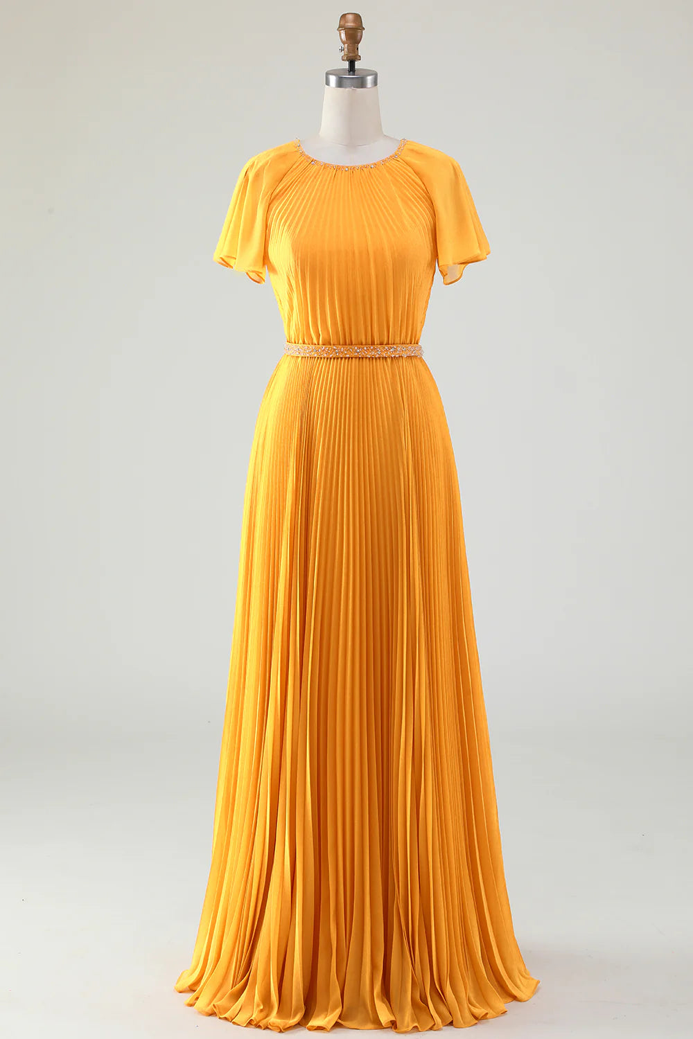 A-Line Round Neck Pleated Yellow Mother of Bride Dress With Short Sleeves