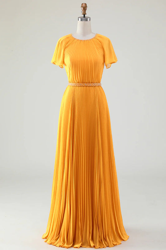 A-Line Round Neck Pleated Yellow Mother of Bride Dress With Short Sleeves