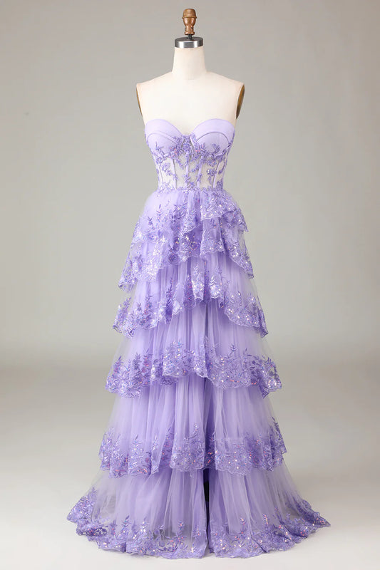 Beaira Lavender Strapless Tiered Tulle Corset Prom Dress with Appliques