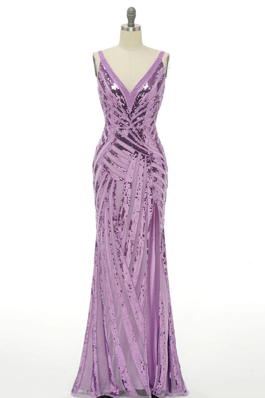 Beaira Sparkly Purple Sequins Backless Long Prom Dress