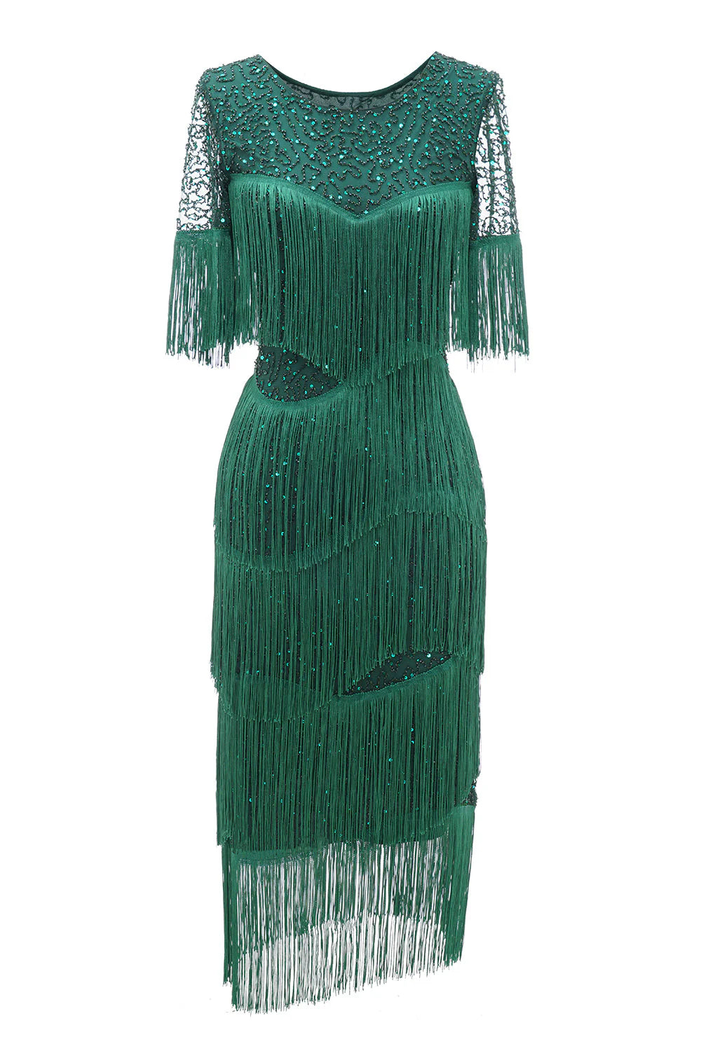 Dark Green Round Neck 1920s Dress With Fringes