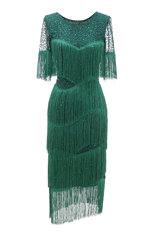 Dark Green Round Neck 1920s Dress With Fringes