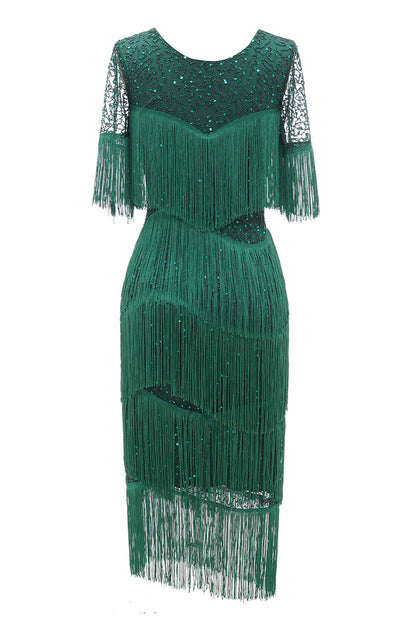 Dark Green Round Neck 1920s Dress With Fringes