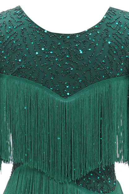 Dark Green Round Neck 1920s Dress With Fringes