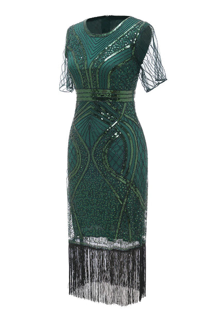 Dark Green Short Sleeves 1920s Dress With Fringes