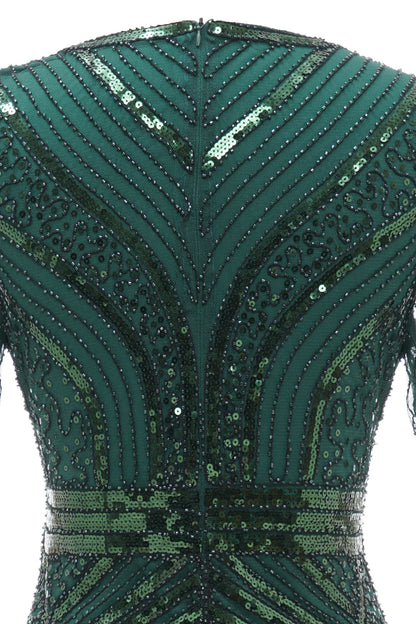 Dark Green Short Sleeves 1920s Dress With Fringes