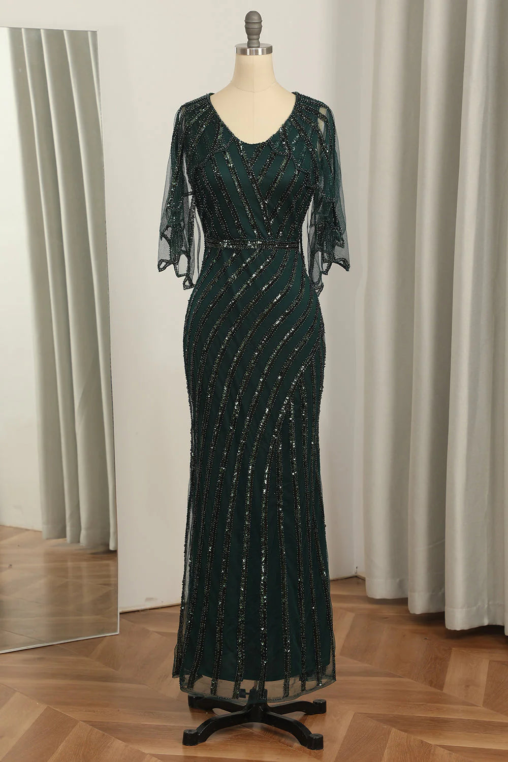 Dark Green Sequined Scoop Neck Long 1920s Dress