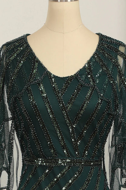 Dark Green Sequined Scoop Neck Long 1920s Dress