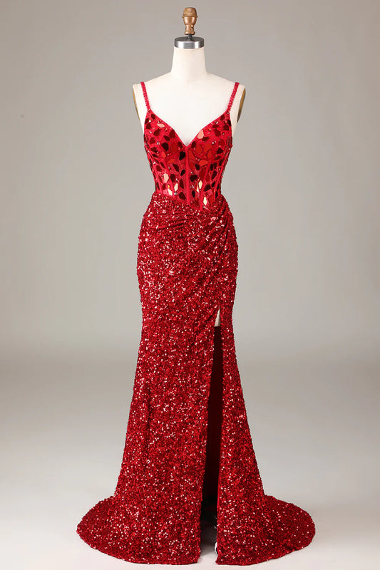 Beaira Glitter Mirror Sequins Red Corset Prom Dress with Slit