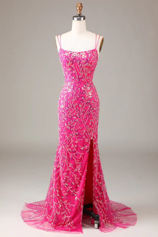 Beaira Hot Pink Sequins & Beaded Mermaid Prom Dress with Slit