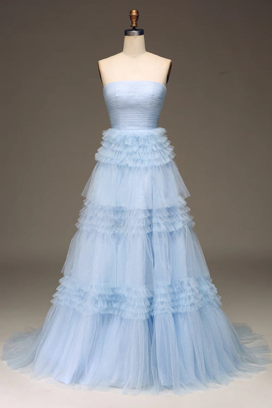 Beaira Tulle Light Blue Tiered Prom Dress with Slit