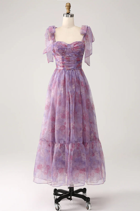 Beaira Purple Printed A Line Pleated Long Prom Dress