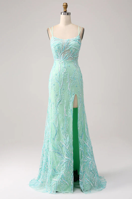 Beaira Green Mermaid Spaghetti Straps Sequins Long Prom Dress with Slit