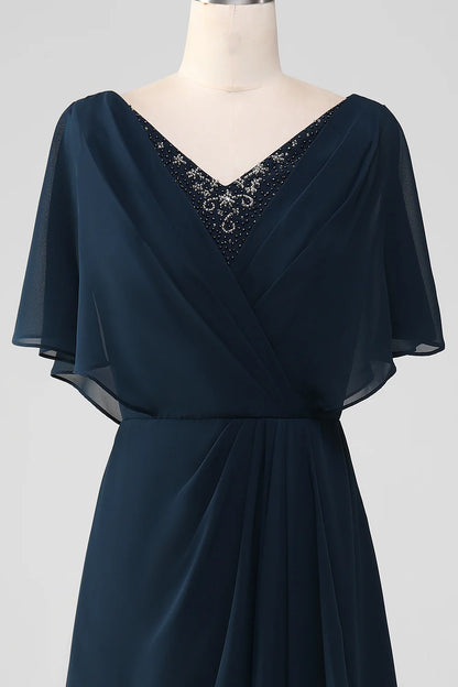 Navy A-Line V-Neck Asymmetrical Sequins Mother of the Bride Dress With Beading