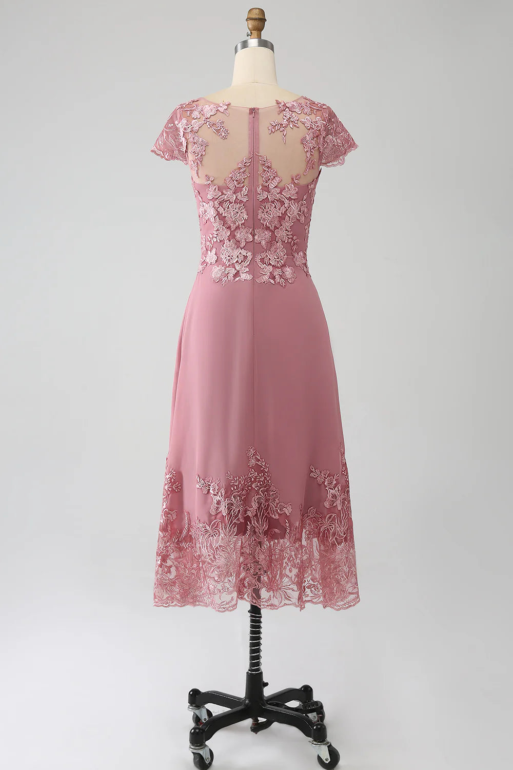 Dusty Rose A-Line Scoop Illusion Tea-Length Mother of the Bride Dress With Sequins