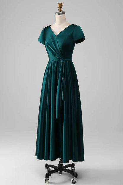 Peacock Satin V-neck A-line Pleated Mother of the Bride Dress